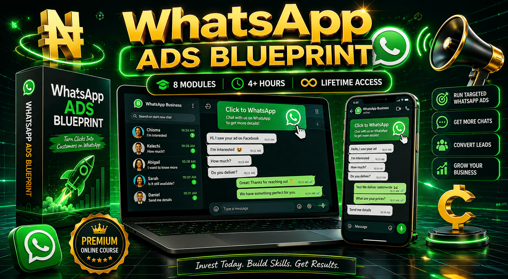 WhatsApp Ads Blueprint course mockup – 8 modules, ₦5,000 / GH₵50